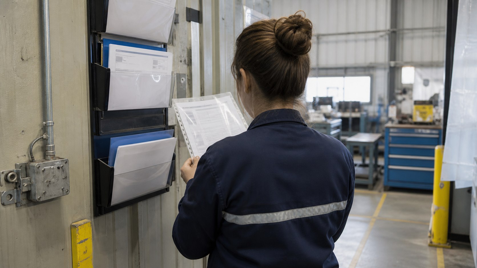 Une professionnelle consulte une nouvelle fiche d’information SST dans un atelier.