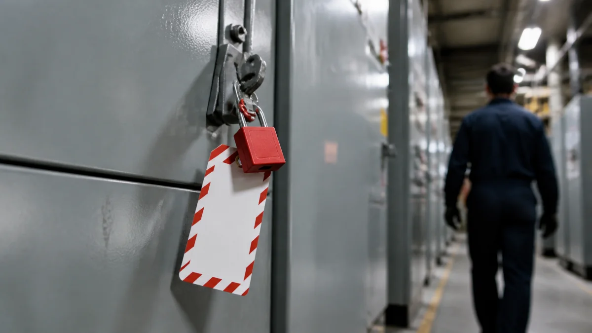 Étiquette de cadenassage suspendue au premier plan, travailleur s'éloignant dans une allée d'usine