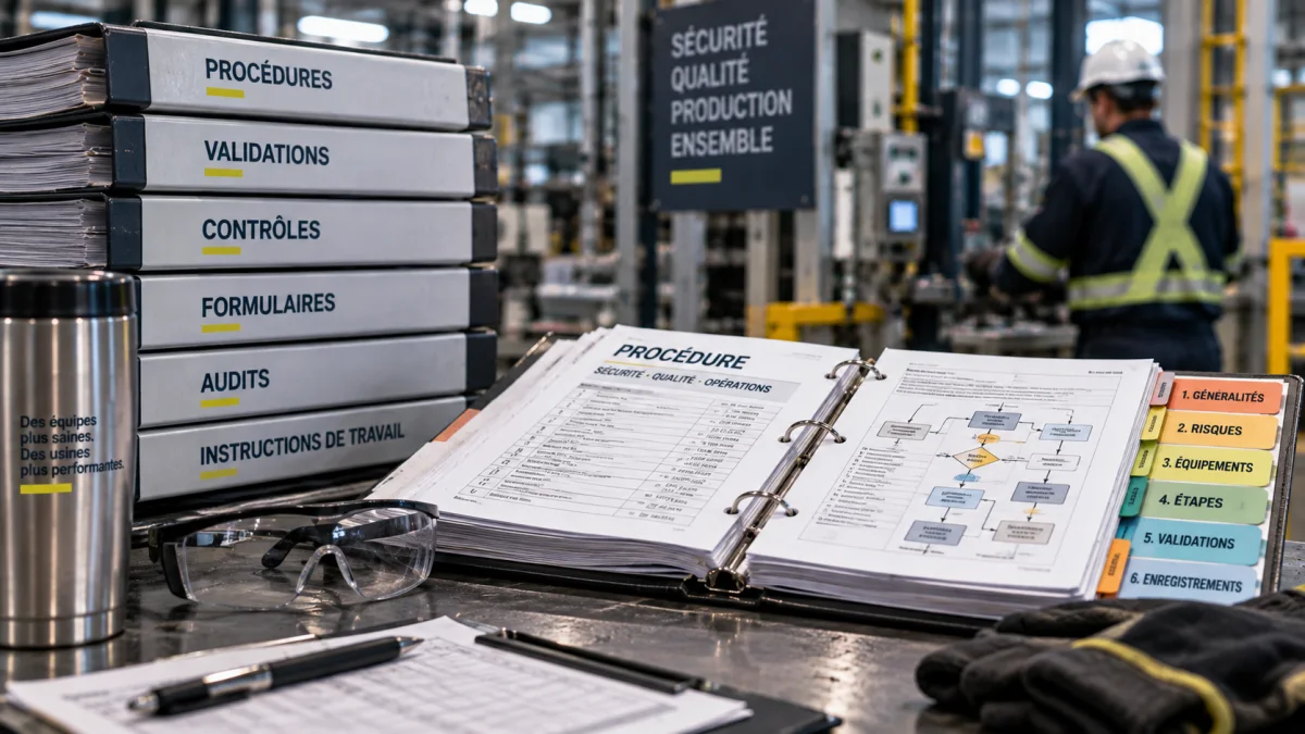 Un classeur de procédures ouvert sur un poste de travail industriel.