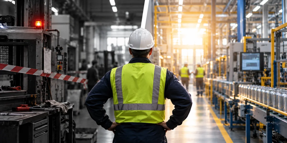 Travailleur vu de dos dans une allée d'usine, observant une ligne de production en activité.