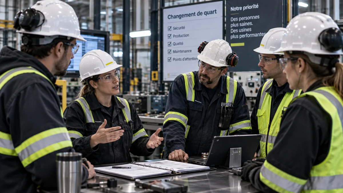 Une équipe de production réunie autour d’un poste de travail pendant un changement de quart.
