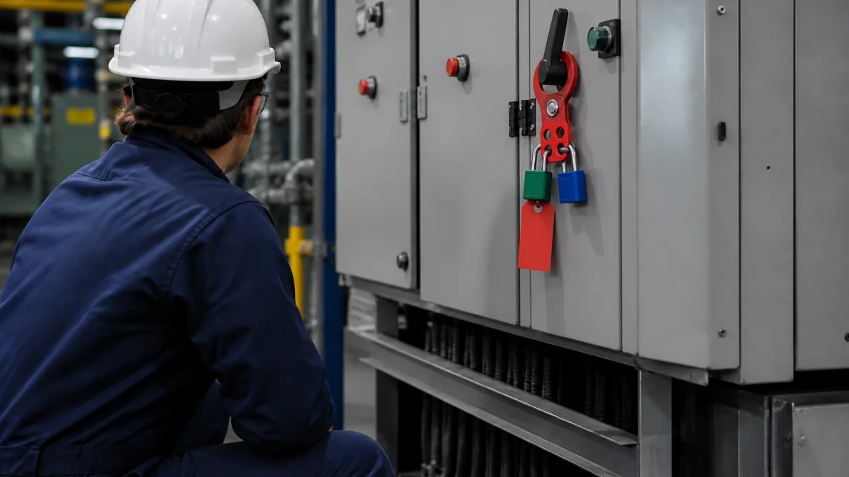 Travailleur casqué devant une armoire électrique ouverte contenant les dispositifs de commande et d'isolement