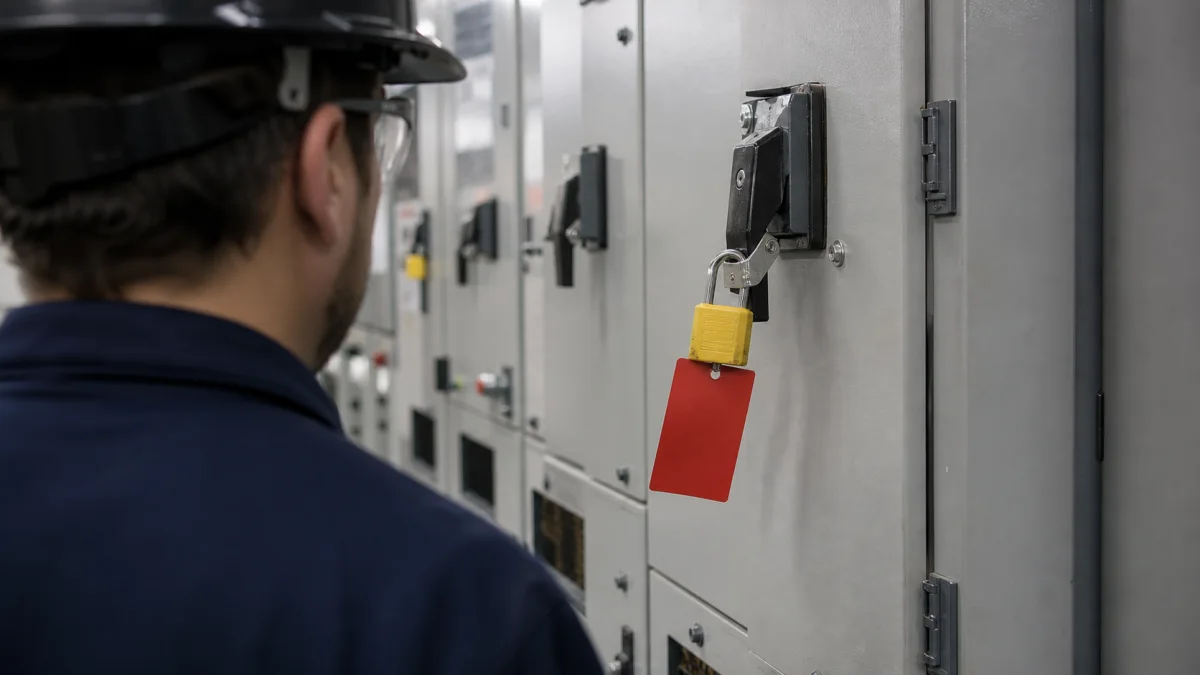 Travailleur vu de dos devant un panneau de commande électrique muni de voyants et de boutons d'arrêt