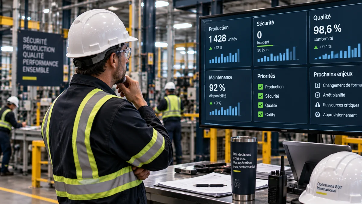 Un directeur d’usine consulte un tableau de suivi devant une ligne de production.