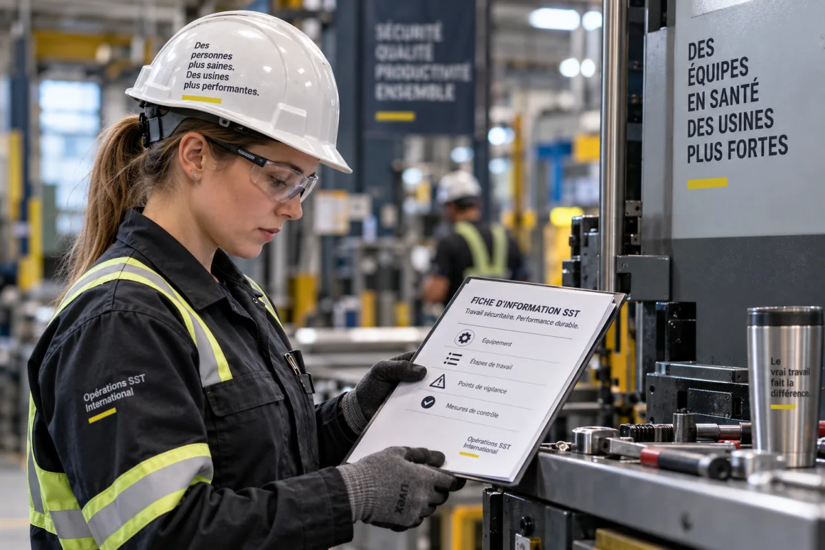 Personne casquée en veste réfléchissante consultant une procédure papier devant un équipement de production en usine.
